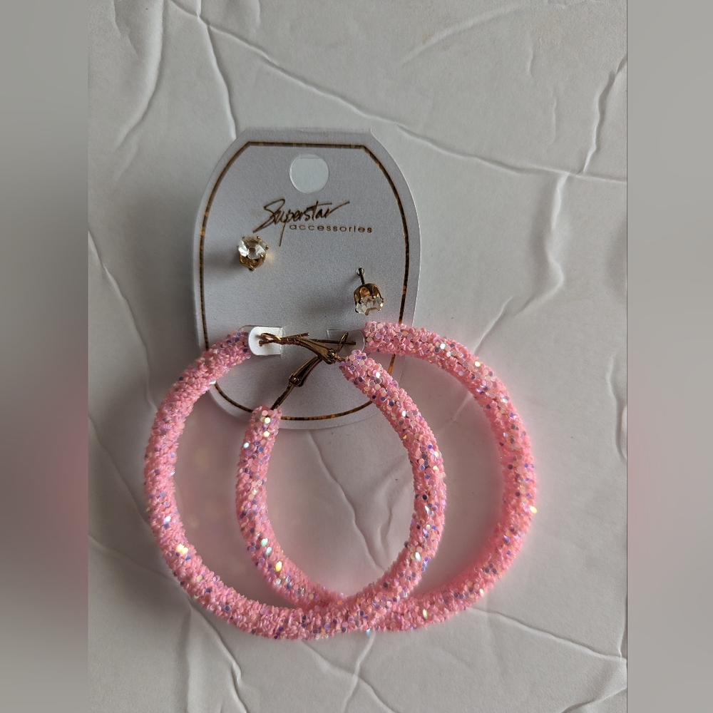 Large Hoop Sparkly Pink Earrings